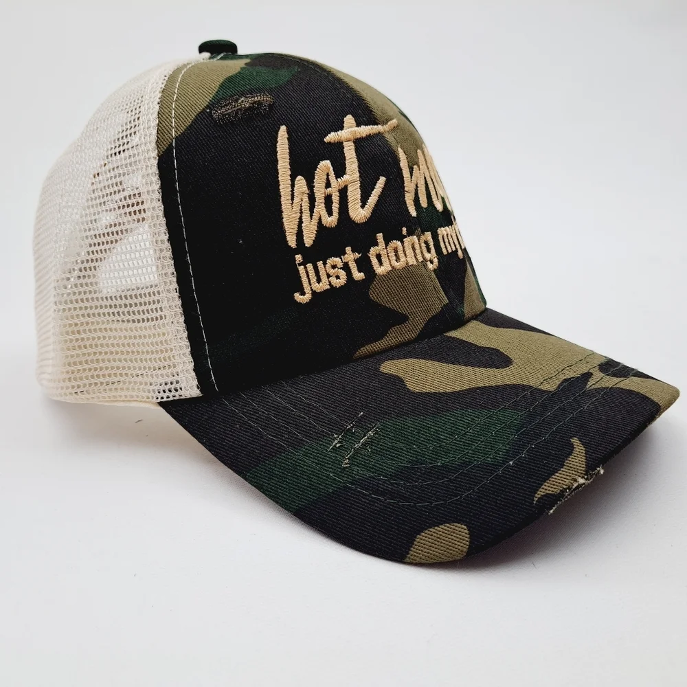 Hot Mess Women's Embroidered Pony Tail Criss Cross Hat Cap Cotton Camouflage